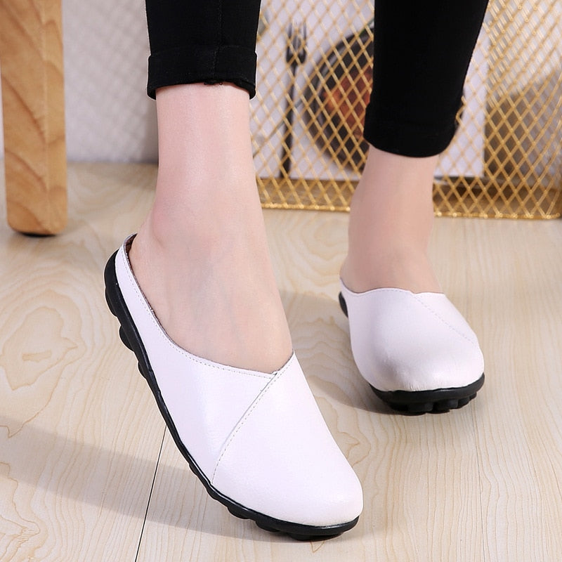 Outside Genuine Leather Comfortable Round Toe Solid Casual Sewing Woman Slippers