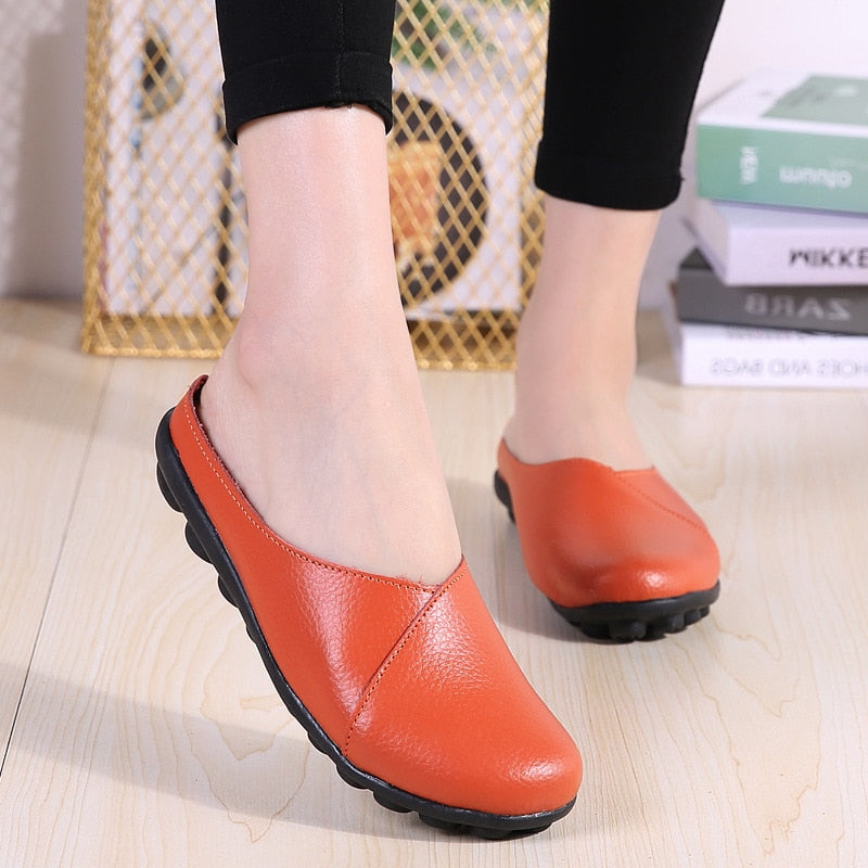 Outside Genuine Leather Comfortable Round Toe Solid Casual Sewing Woman Slippers