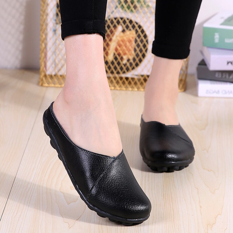 Outside Genuine Leather Comfortable Round Toe Solid Casual Sewing Woman Slippers