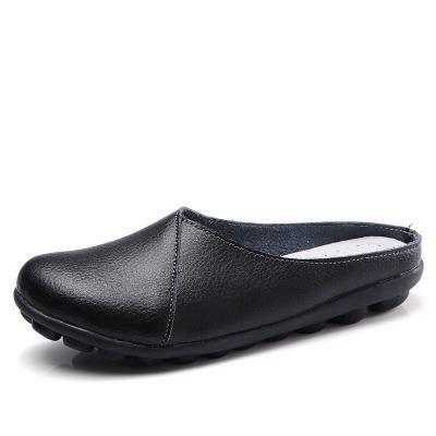 Outside Genuine Leather Comfortable Round Toe Solid Casual Sewing Woman Slippers