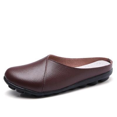 Outside Genuine Leather Comfortable Round Toe Solid Casual Sewing Woman Slippers