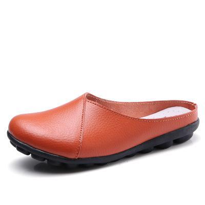 Outside Genuine Leather Comfortable Round Toe Solid Casual Sewing Woman Slippers