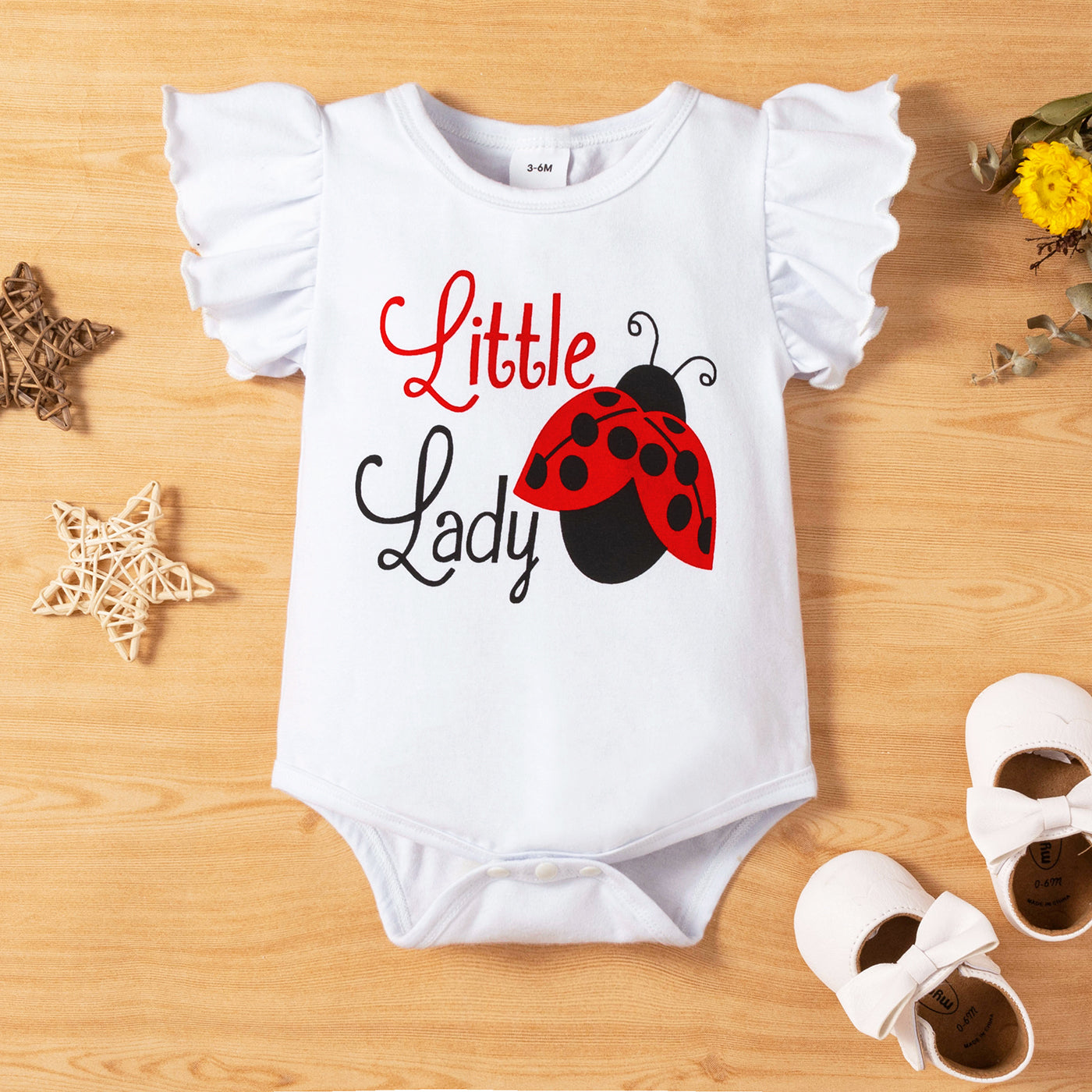 PatPat 3pcs Baby Girl Letter Print Ruffle Sleeve Romper with Ladybugs Print Shorts and Headband Set