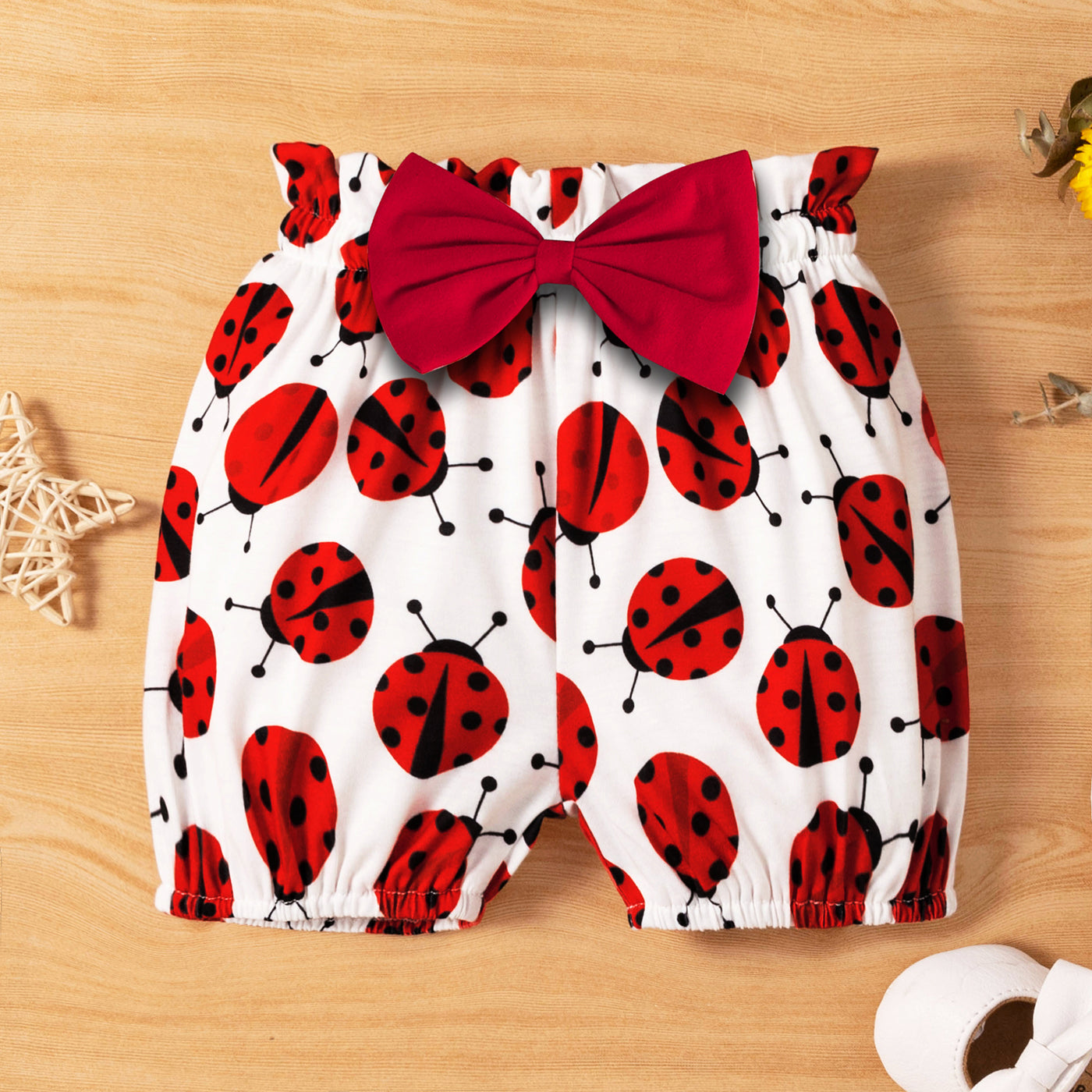 PatPat 3pcs Baby Girl Letter Print Ruffle Sleeve Romper with Ladybugs Print Shorts and Headband Set