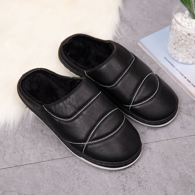 Unisex Indoor Comfortable Warm Shoes PU Plush Non Slip Bedroom Couple Soft Slippers