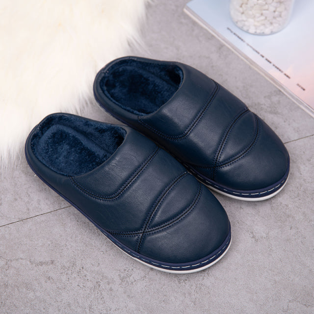 Unisex Indoor Comfortable Warm Shoes PU Plush Non Slip Bedroom Couple Soft Slippers