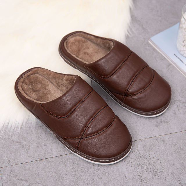 Unisex Indoor Comfortable Warm Shoes PU Plush Non Slip Bedroom Couple Soft Slippers