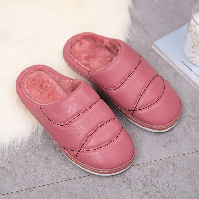 Unisex Indoor Comfortable Warm Shoes PU Plush Non Slip Bedroom Couple Soft Slippers