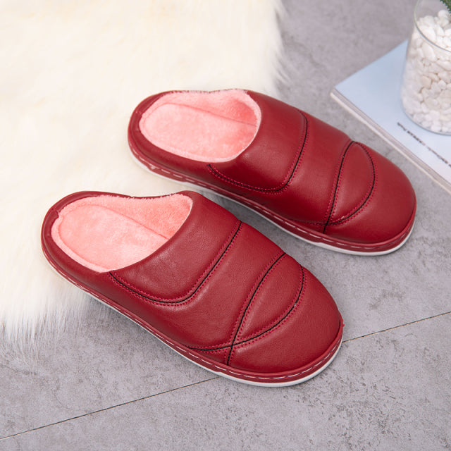 Unisex Indoor Comfortable Warm Shoes PU Plush Non Slip Bedroom Couple Soft Slippers