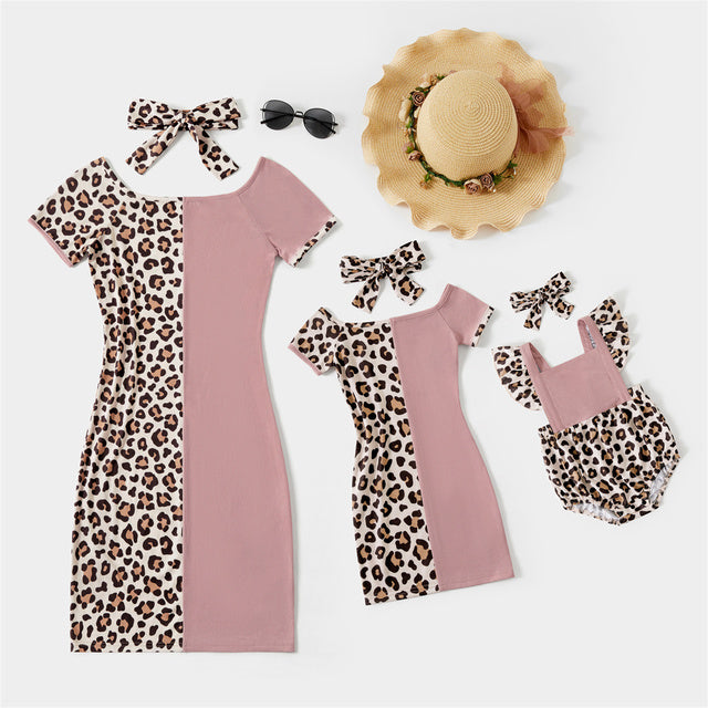 Leopard Splice Short-sleeve Matching Midi Dresses