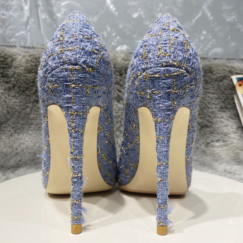 Blue Plaid Woodmen Fabric Pointy Toe High Heel Shoes