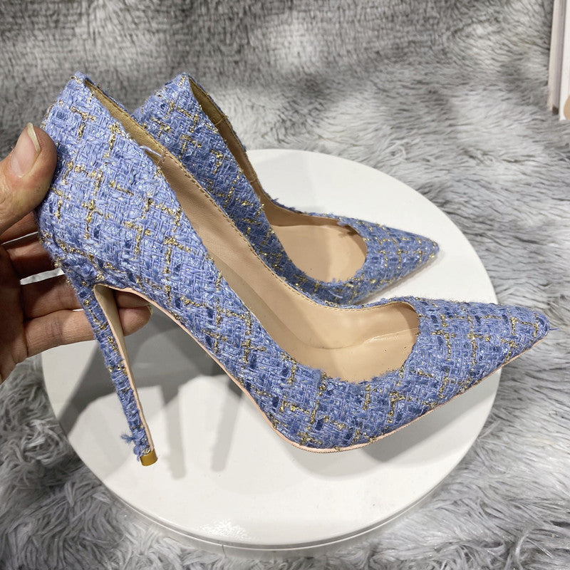 Blue Plaid Woodmen Fabric Pointy Toe High Heel Shoes