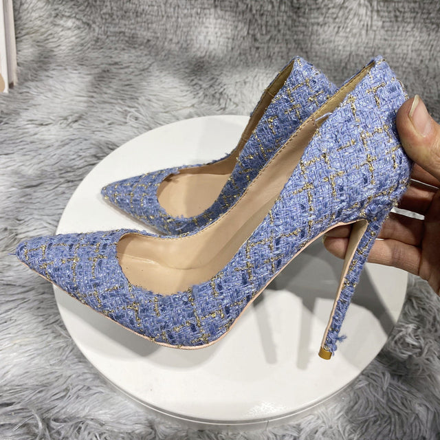 Blue Plaid Woodmen Fabric Pointy Toe High Heel Shoes