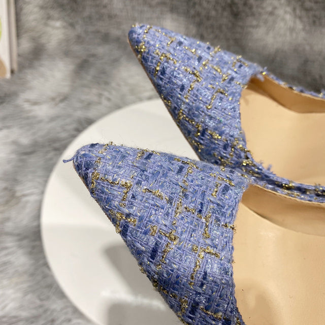 Blue Plaid Woodmen Fabric Pointy Toe High Heel Shoes