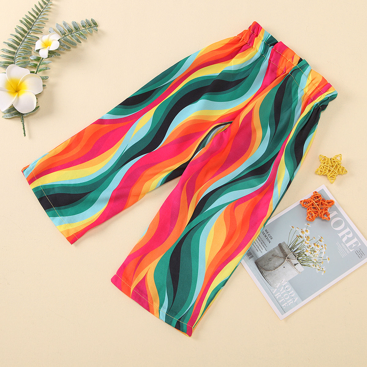 Girls Clothes Sets Bowknot Sleeveless Strapless Vest Tops Rainbow Print Wide Leg Pants