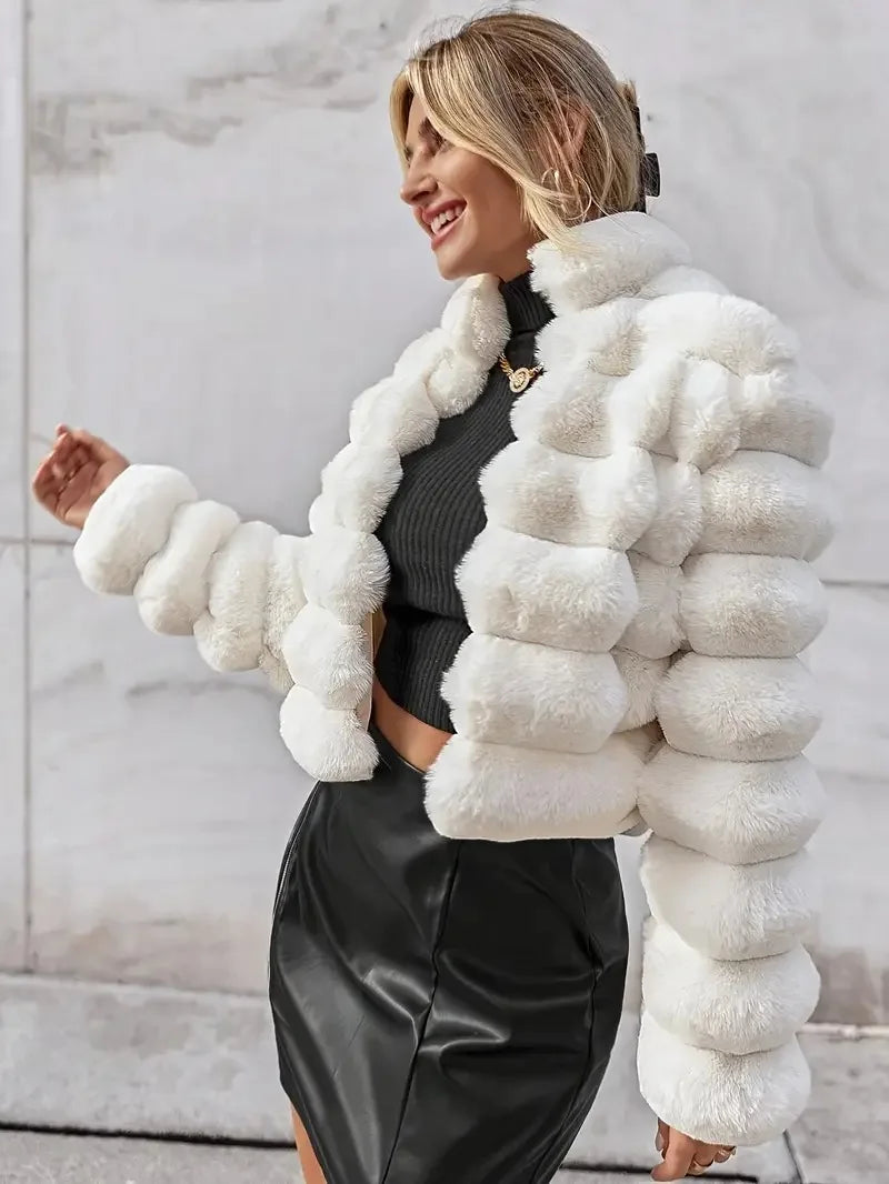 Winter Lapel Faux Mink Fur Party Club White Zipped Coat