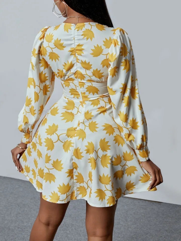 V- Neck Fashion Floral Print Dress Mini A Line Long Sleeve Dress