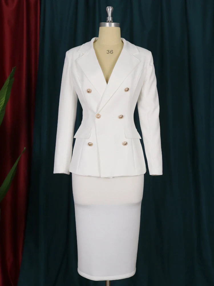 White Blazer Metal Buttons Midi Pencil Elastic Skirt 2 Piece Set