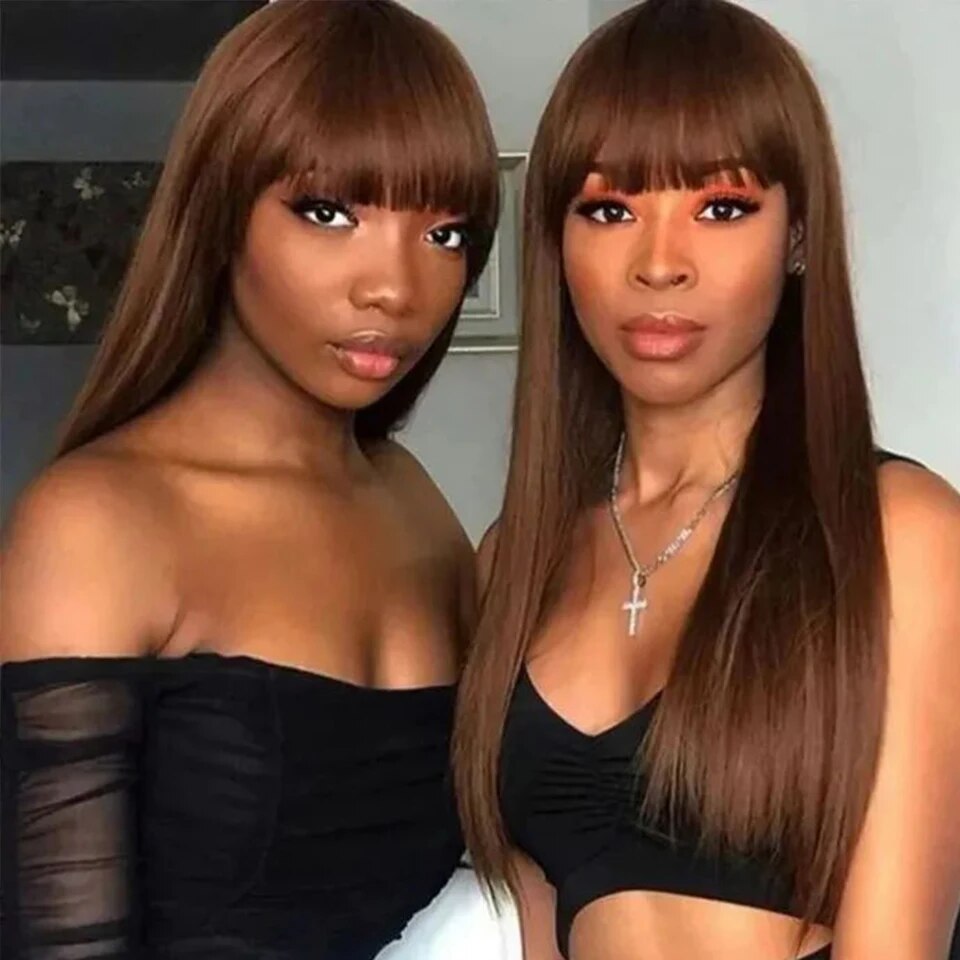 Chocolate Brown Bangs Wigs Human Hair Wig With Bangs