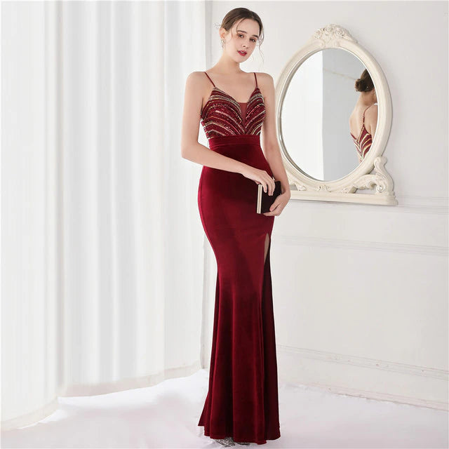 Long Mermaid Dress Evening Stretch Velour Sequins Floor Length Backless