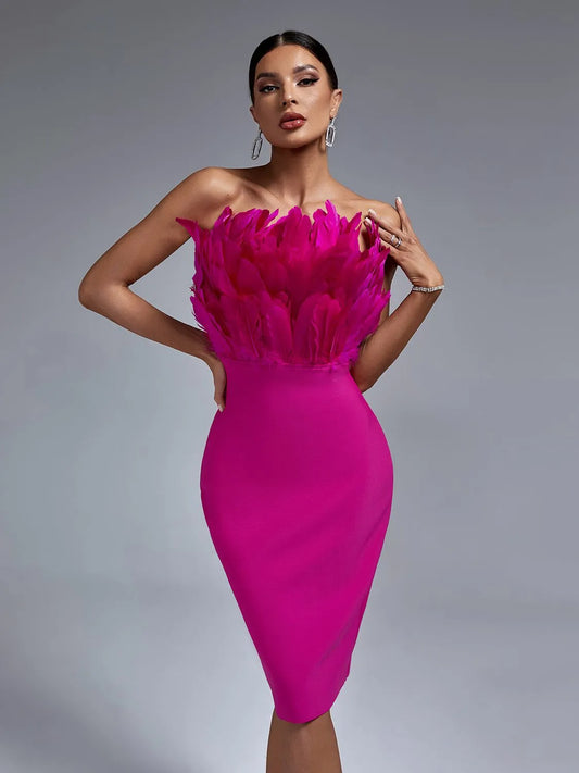 Dress Women Feather Party Dress Bodycon Elegant Midi Sexy Strapless