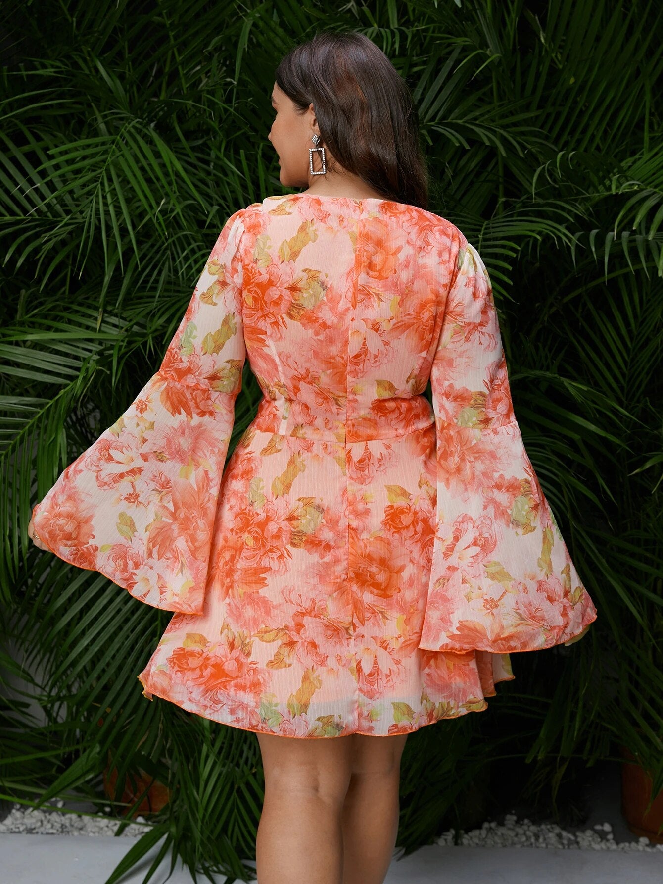 Floral Print Flounce Sleeve Chiffon Dress