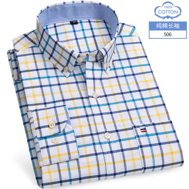 Cotton Oxford Shirt For Mens Long Sleeve Plaid Striped Casual Shirts Male