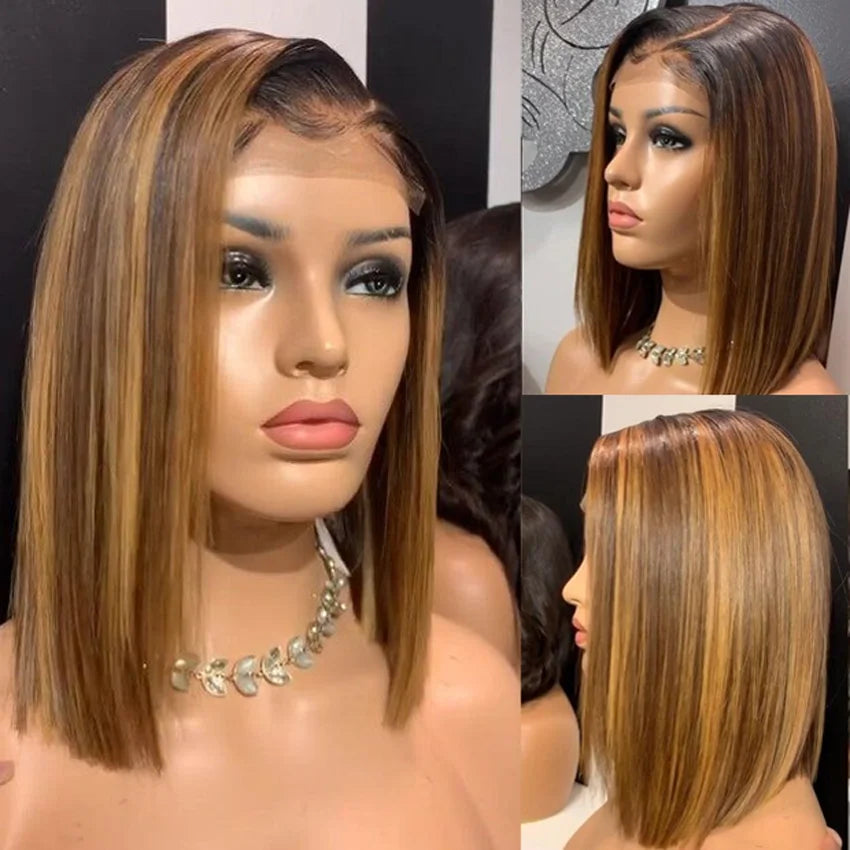 Highlight P4/27 Peruvian Remy Hair Short Bob Ombre Human Hair Wigs Blond Wig Straight Bob Wig