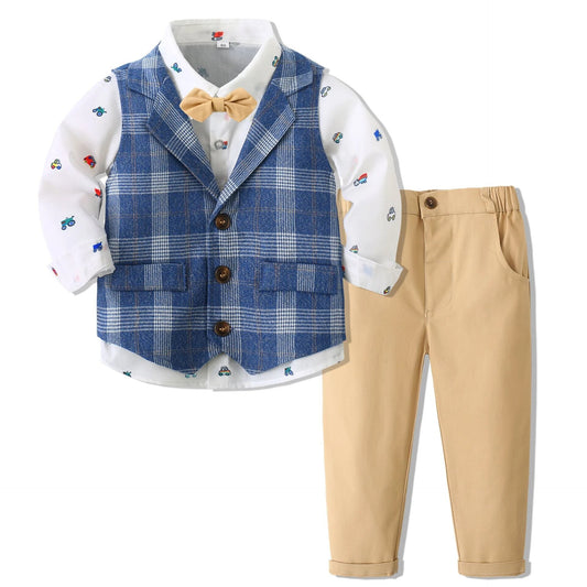 Outfit Plaid Vest with Car Printed Shirt Kid Daily Clothes