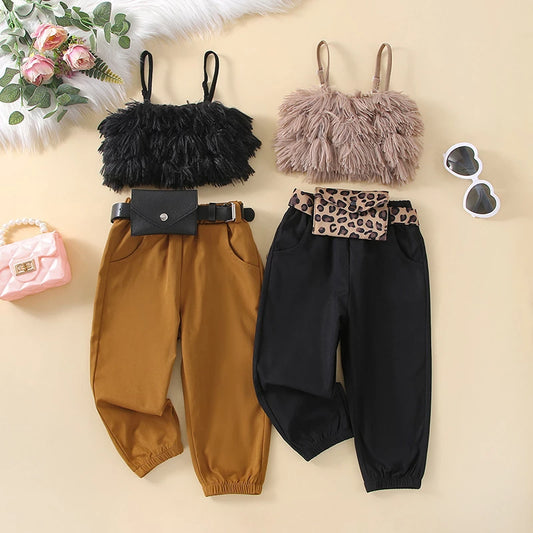 1-6Y Fashion Summer Children Kids Girls Clothes Sets Fluffy Fur Sleeveless Strap Tank Tops+Long Pants with Waist Bag Outfits