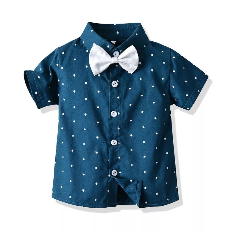 Fashion Kids Boys Casual Short Sleeve Bow Tie Shirt+Overalls Formal Suits