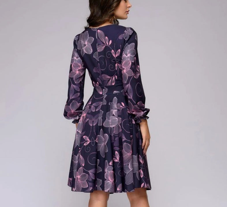 A-line Printed Dress Spring Casual Long Sleeve Dress