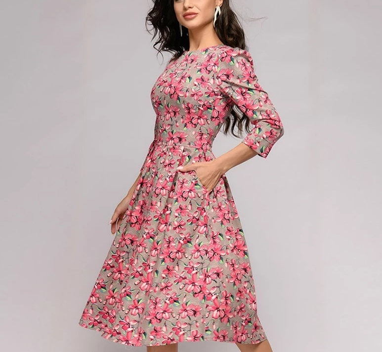 Sleeve Print Summer Fall Dress Round Neck Dress 