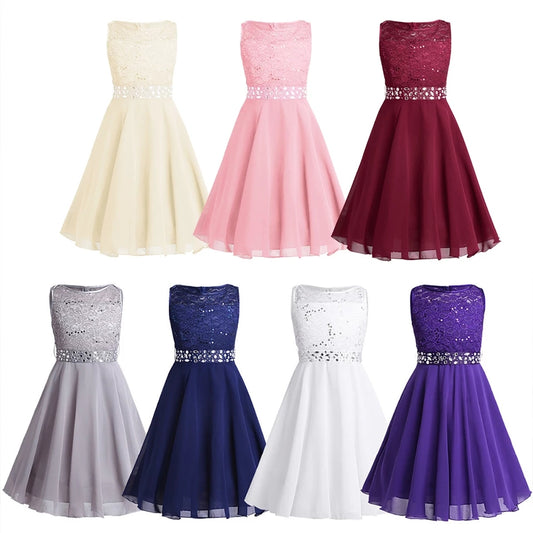 Kids Princess Summer Dress Sequined Floral Lace Chiffon Flower Girls Dress