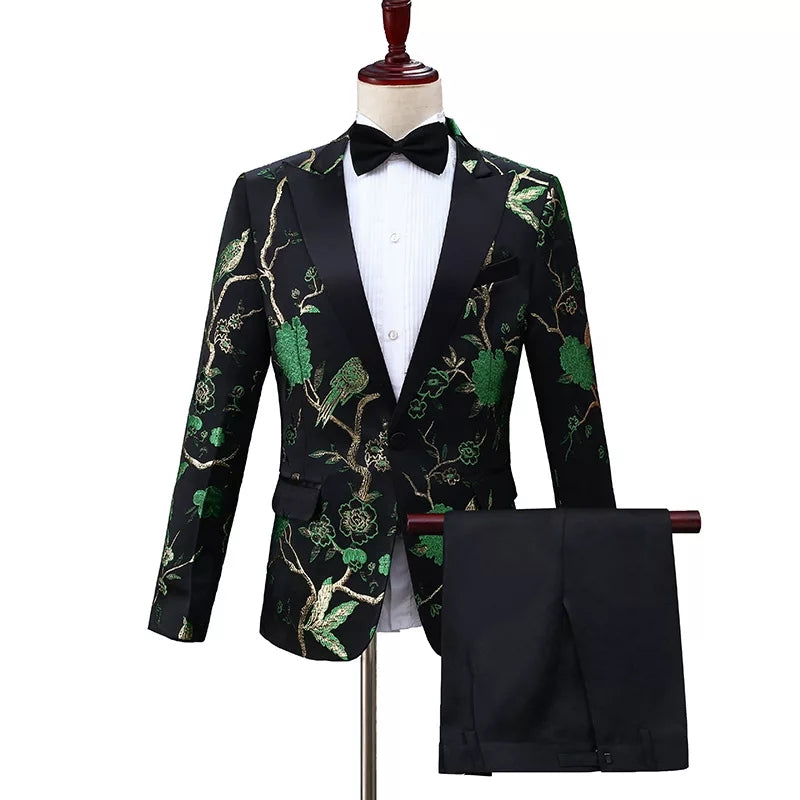 Mens Stylish Embroidery Royal Blue Green Red Floral Pattern Suits