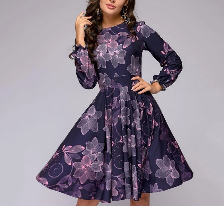 A-line Printed Dress Spring Casual Long Sleeve Dress