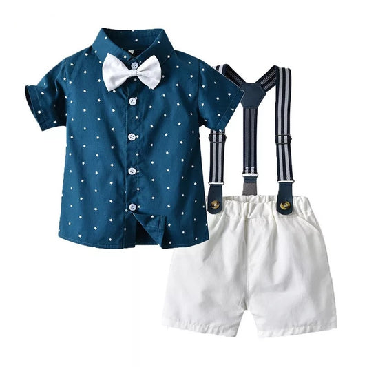 Fashion Kids Boys Casual Short Sleeve Bow Tie Shirt+Overalls Formal Suits