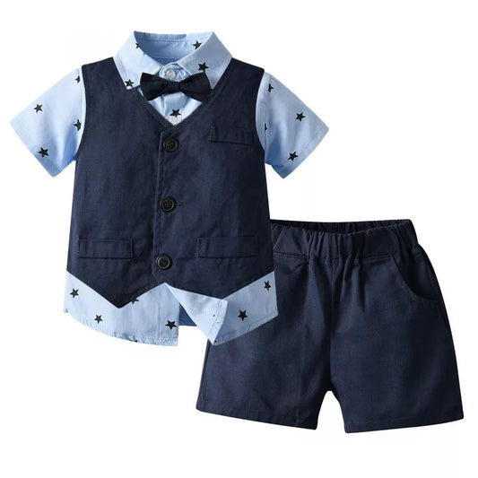 Boys Formal Suit Short Sleeve Shirt Tops with Bowtie+Vest+Shorts 3PCS Kids Boys