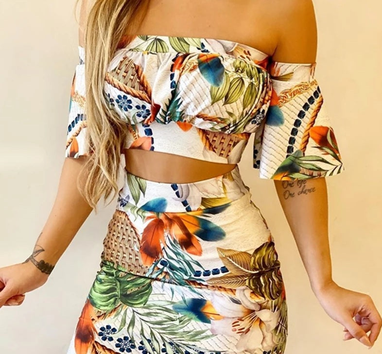 Off Shoulder Tropical Print Skirt Set