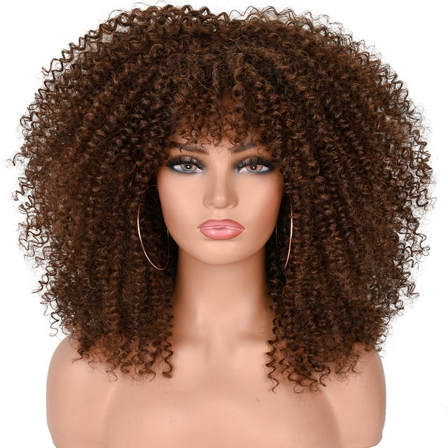 16"Short Hair Afro Kinky Curly Wigs With Bangs