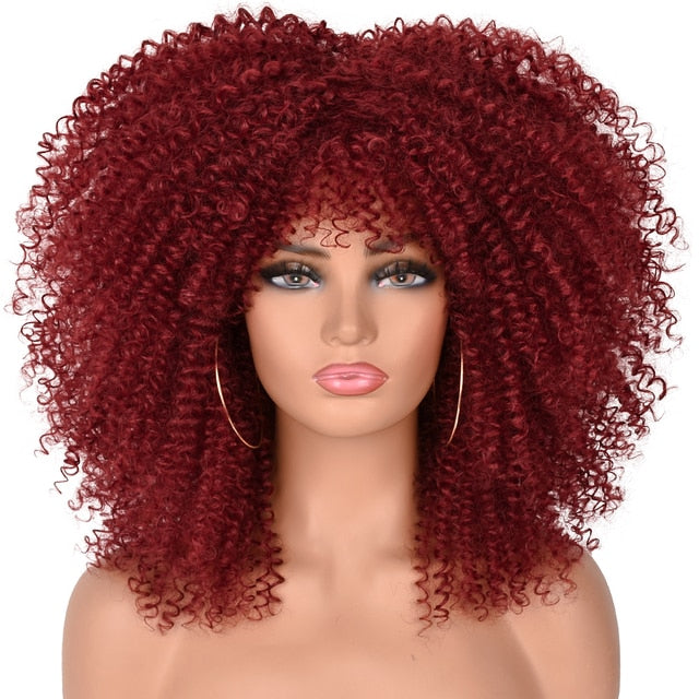 16"Short Hair Afro Kinky Curly Wigs With Bangs