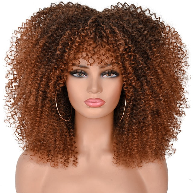 16"Short Hair Afro Kinky Curly Wigs With Bangs
