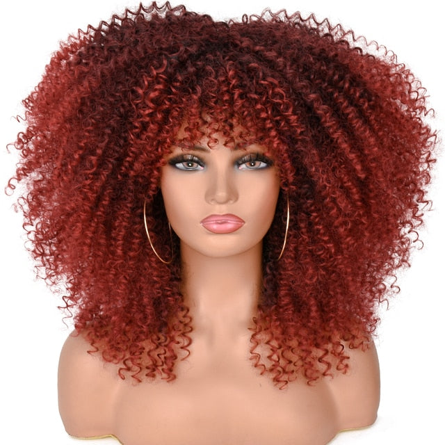 16"Short Hair Afro Kinky Curly Wigs With Bangs