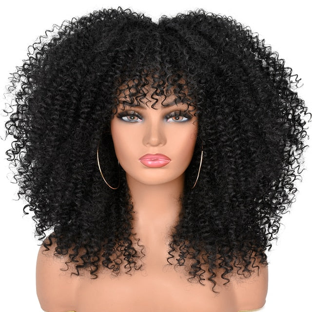 16"Short Hair Afro Kinky Curly Wigs With Bangs