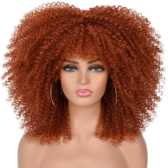 16"Short Hair Afro Kinky Curly Wigs With Bangs