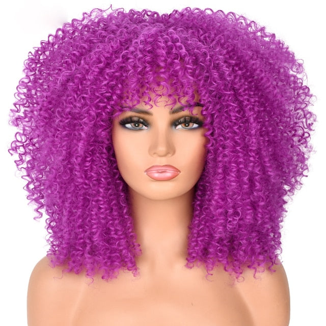 16"Short Hair Afro Kinky Curly Wigs With Bangs