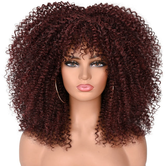 16"Short Hair Afro Kinky Curly Wigs With Bangs