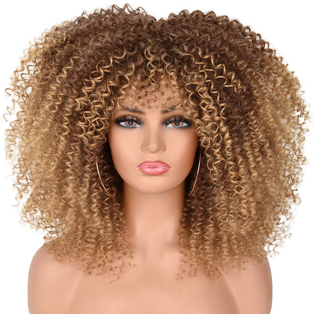 16"Short Hair Afro Kinky Curly Wigs With Bangs