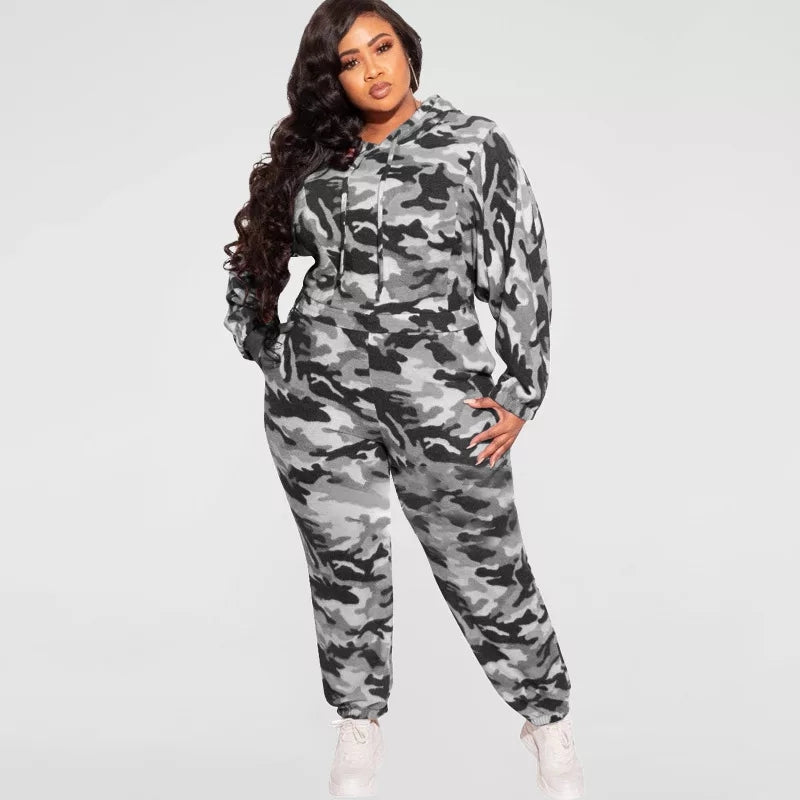 Plus Size 2 Piece Set Women Pullover Hooded Tops Outfits
