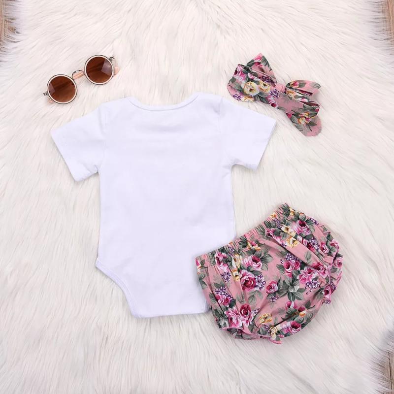 Girls Cotton Printing Romper + Multi-layer Lace Floral Pp Pants Three-piece Suit